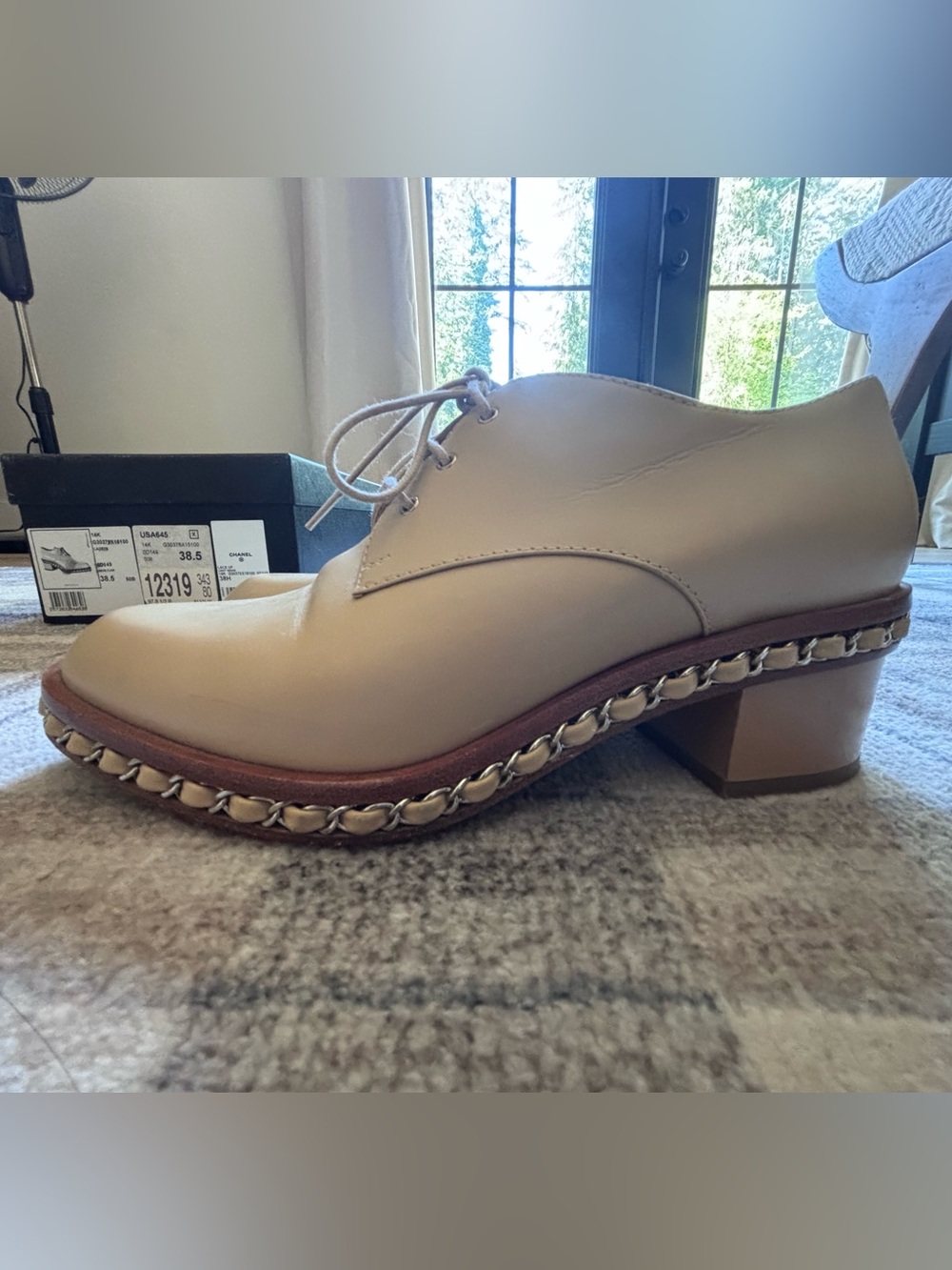 CHANEL Beige Lace-Up Leather Boots with Chain Trim